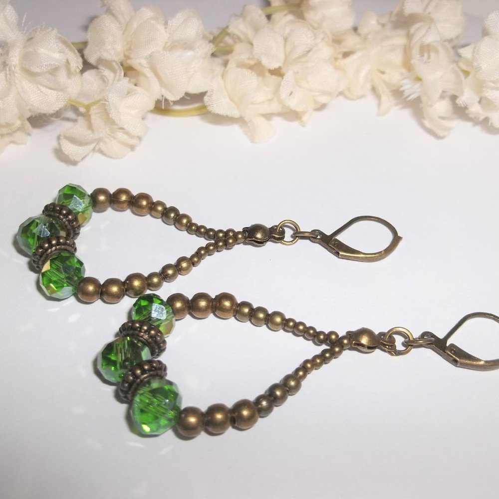 Faux Emerald Green and Bronze Hoop Earrings Boho Style Jewelry Gift Idea 7040 - Picture 4 of 6